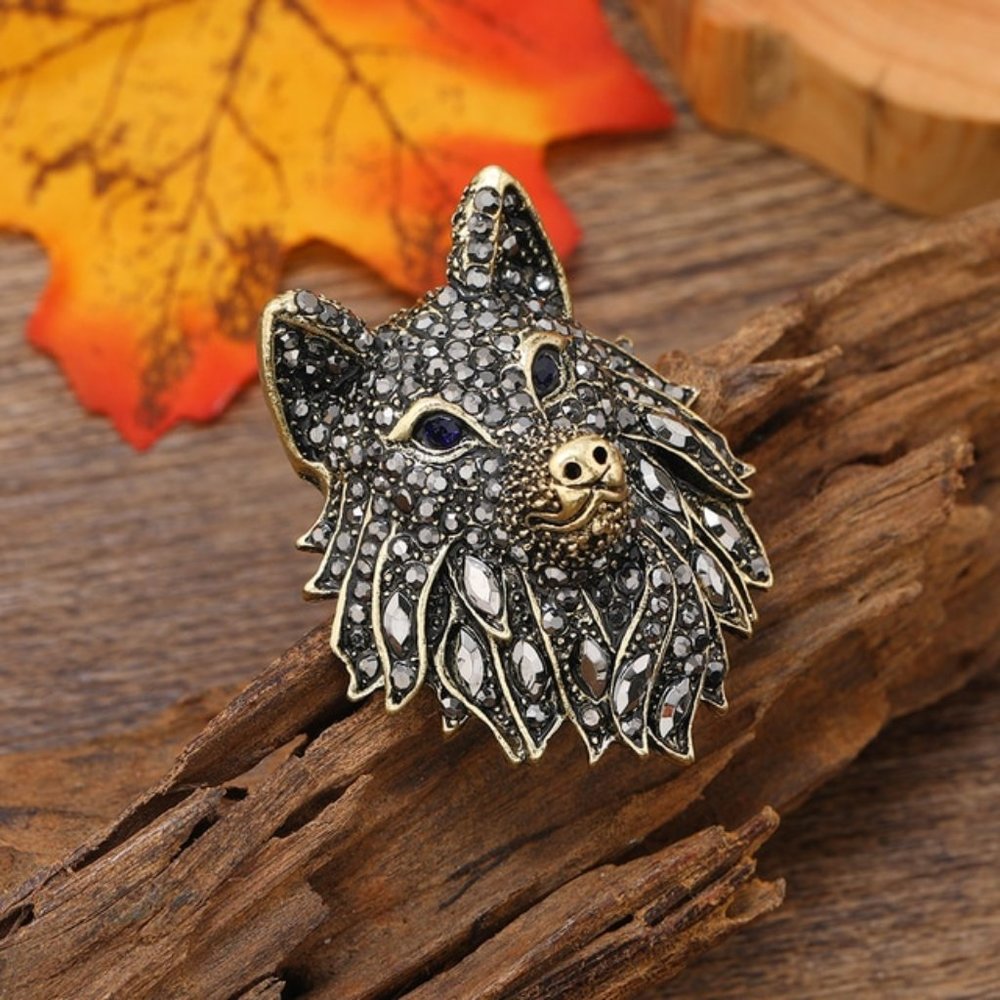 Gold Black rhinestone Wolf Pin Broach